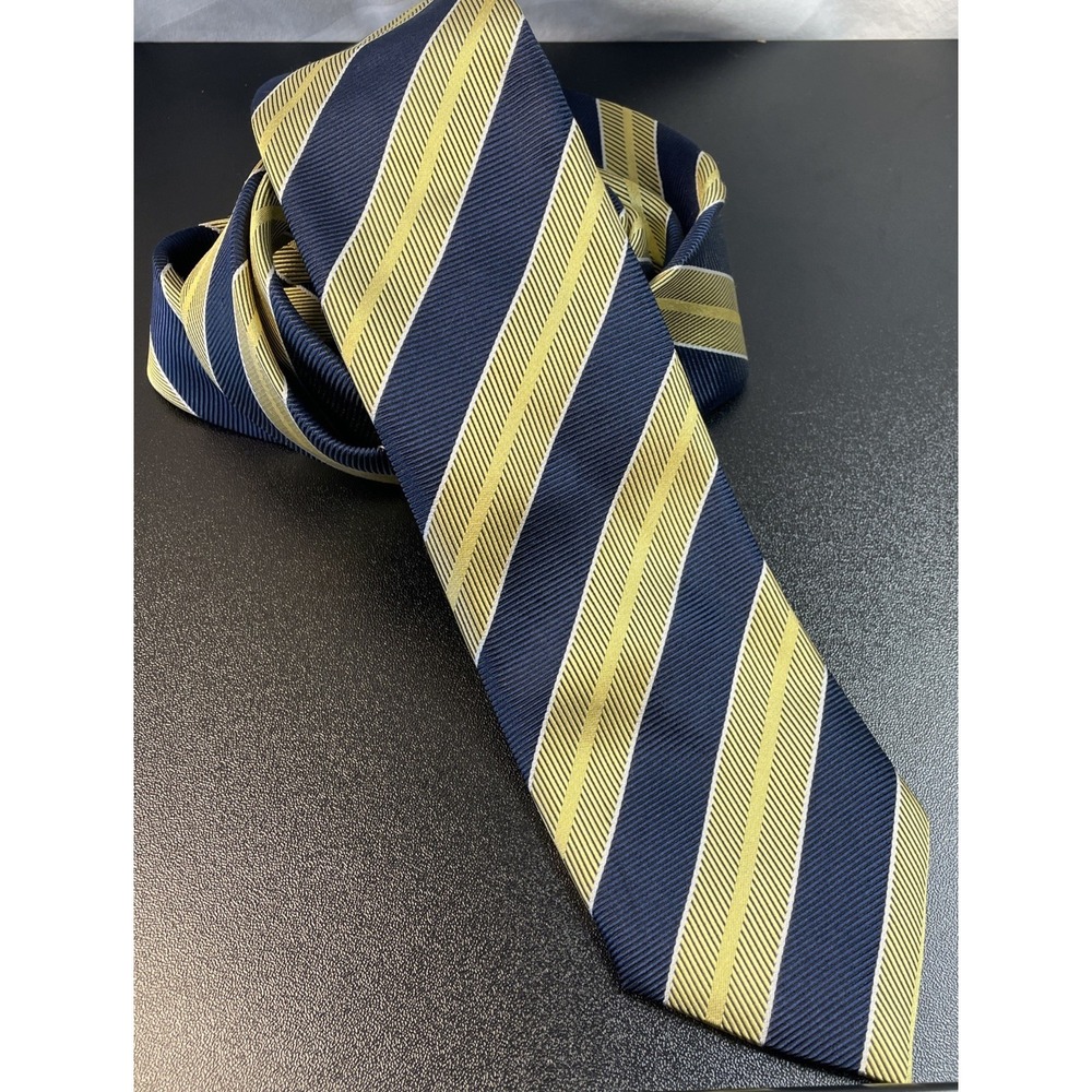 HUGO BOSS Men's 100% Silk Necktie ITALY Designer STRIPED Gold/Navy Blue/White